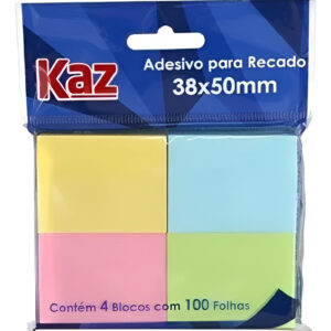 Bloco Adesivo Colorido Para Recado 4 Blocos 38x50mm Kaz